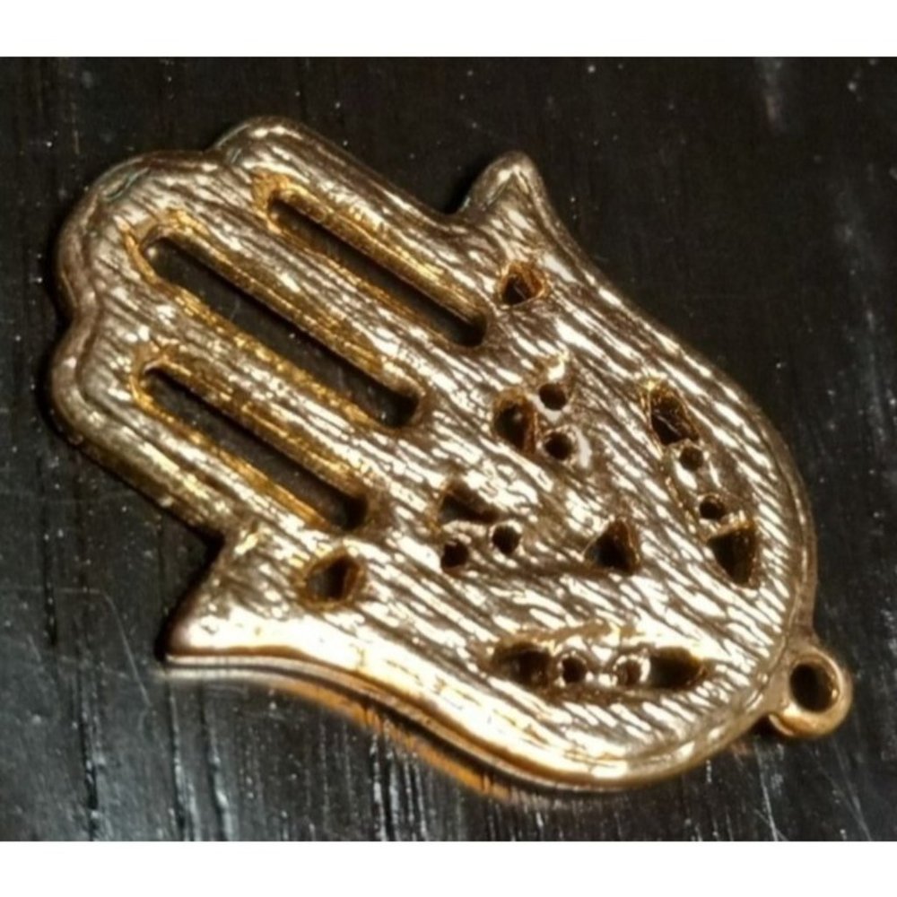 Hamsa Hand Evil Eye Gold Tone Blue Clear Rhinestones Beads‎ 1" Pendant Charm - Picture 2 of 2